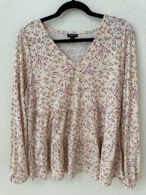 torrid Cream Floral V-Neck Tiered Top with Pink & Blue Accents